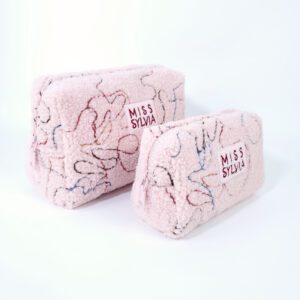Multifunctional pink cute cosmetic bag teddy velvet stitching customized logo