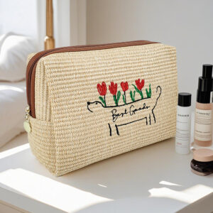 Eco Friendly Straw Embroidery flowers Travel Toiletry Cosmetic Bag Women's makeup bag PU Custom logo Metal zipper pull