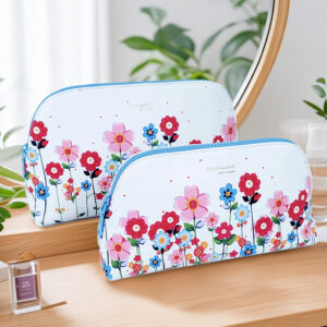 bow-knot Zipper decoration Custom designed flowers printing pvc PU leather custom logo Cosmetic Bag travel makeup bag branded