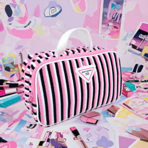 pink Contrast color Striped Towel Fabric eco friendly Large Capacity travel Cosmetic Bag soft makeup bag with custom logo