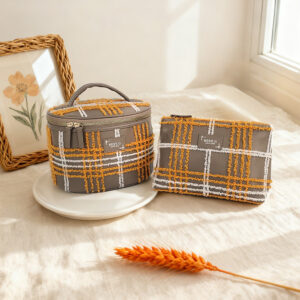 Embroidered plaid leather cosmetics bag