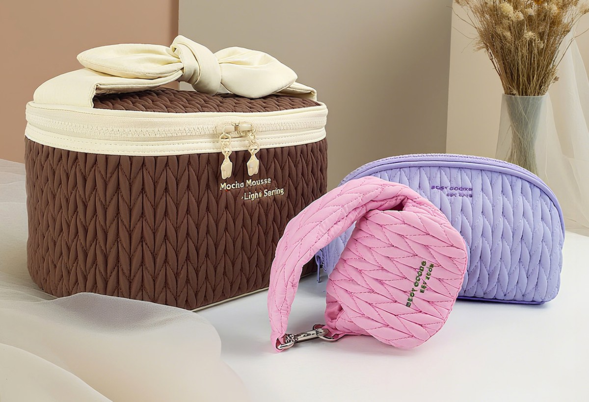 Quilted makeup bag collection with vanity and pouch styles