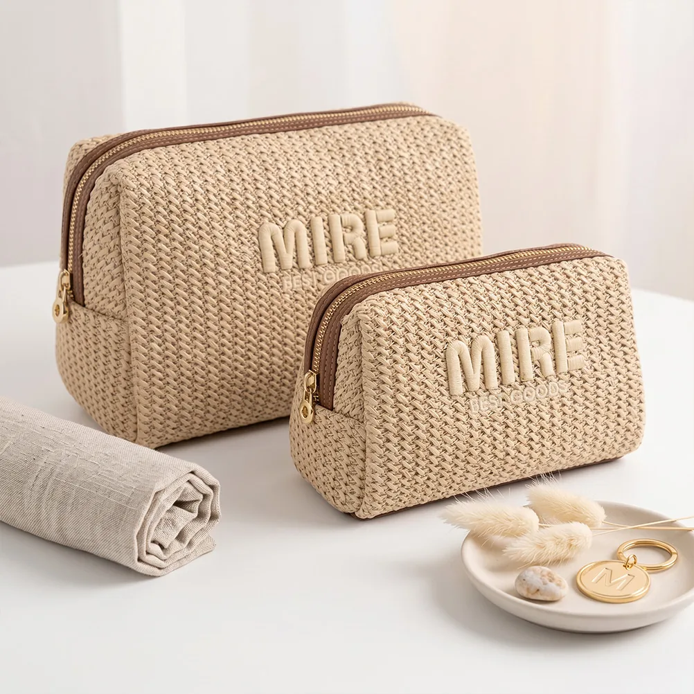 Custom straw raffia cosmetic bag set with private label logo