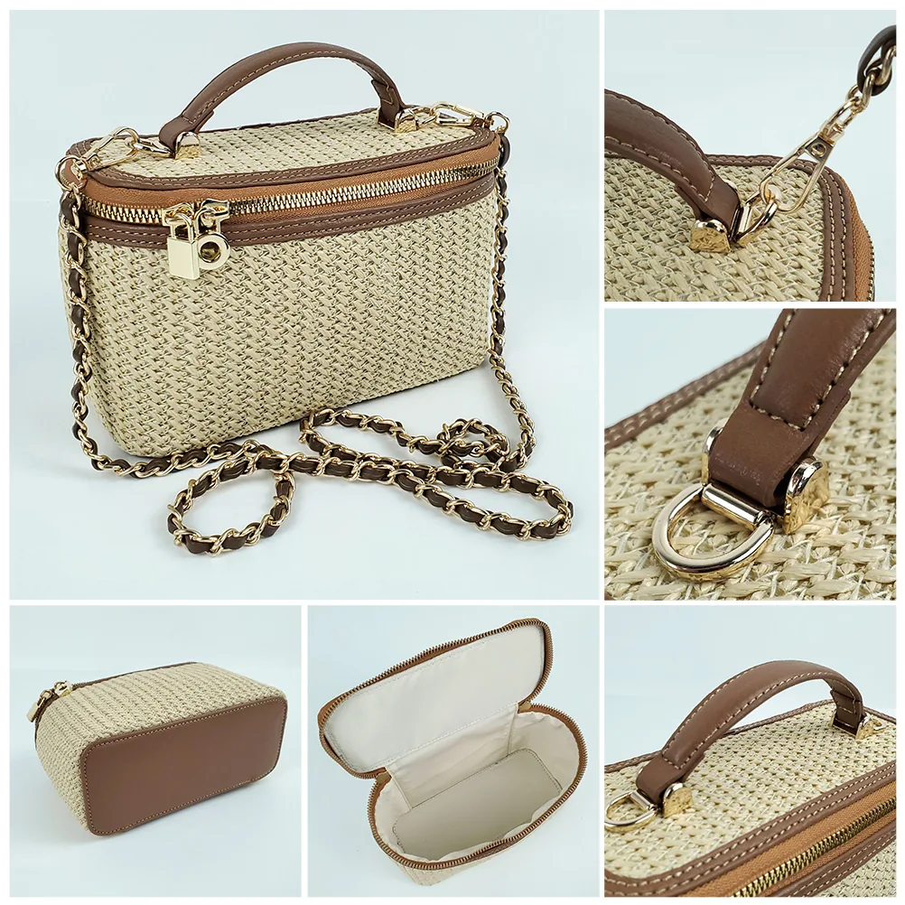 Straw cosmetic bag with leather handle and detachable gold chain