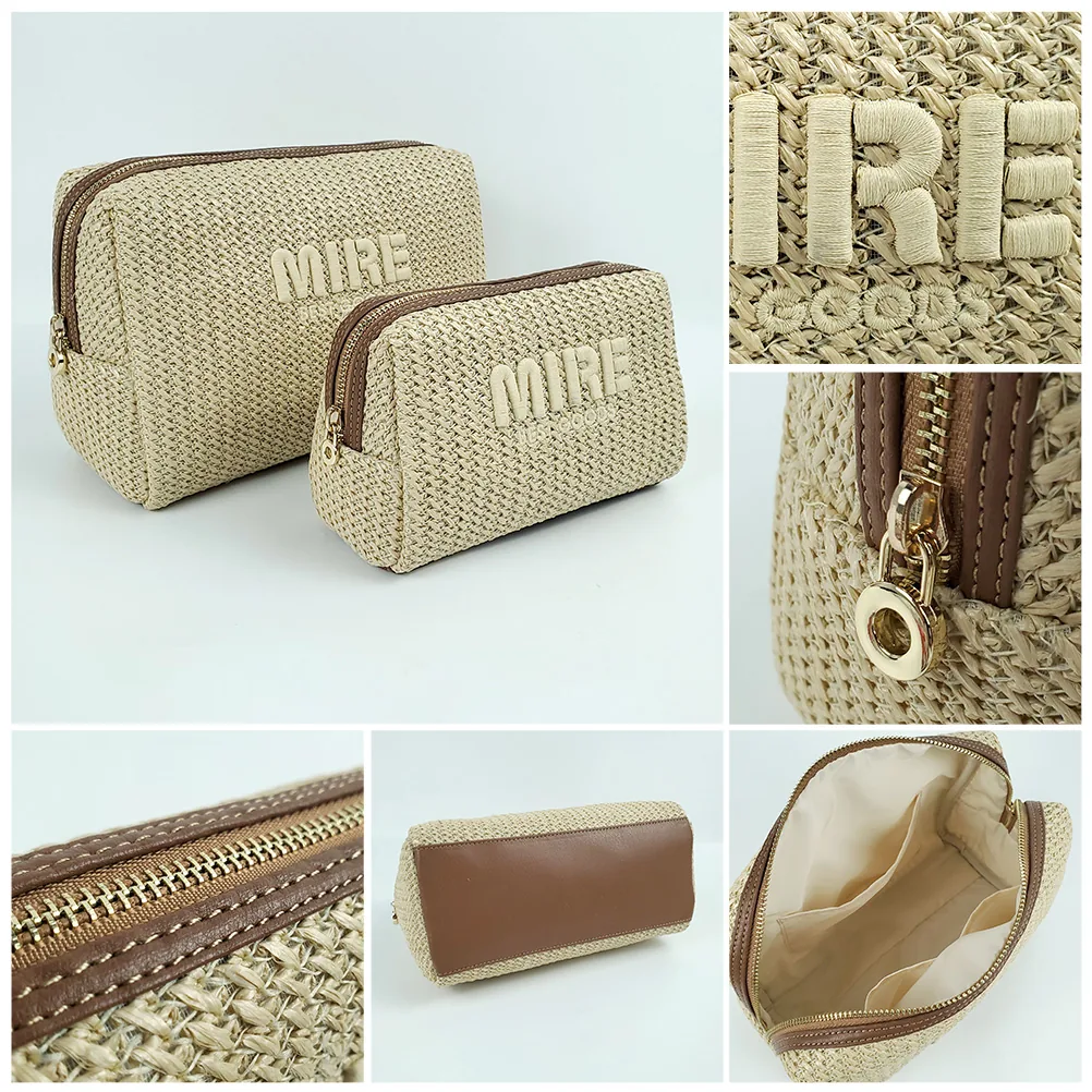 Beige woven straw cosmetic bag with PU trim