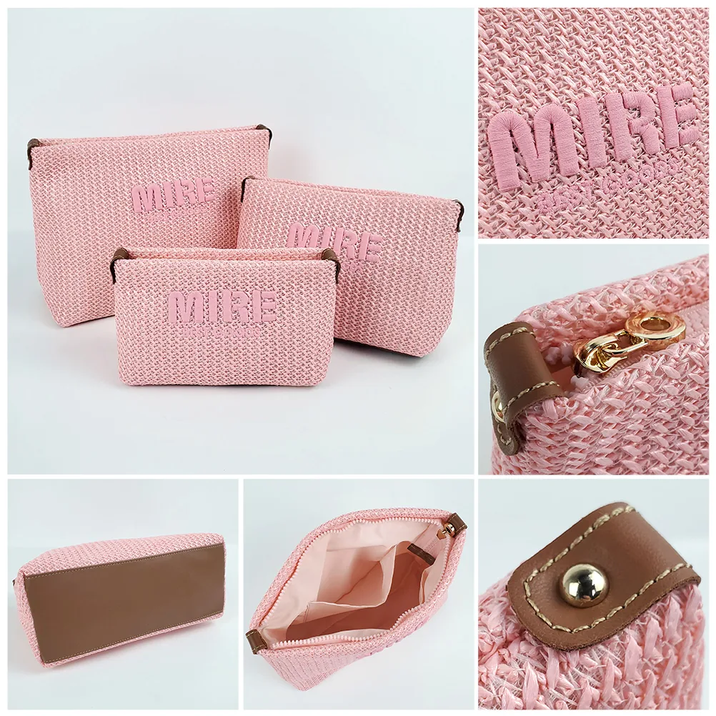 Pink woven straw cosmetic bag three-piece set