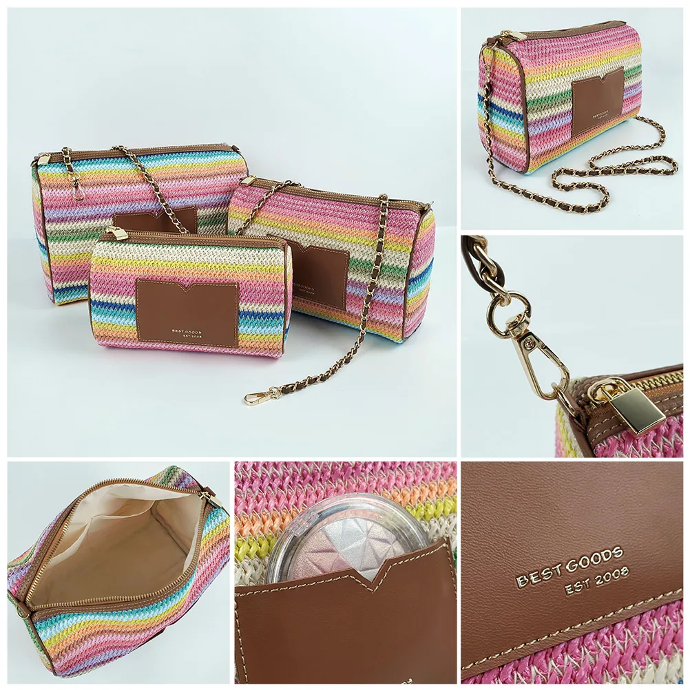 Rainbow stripe straw cosmetic bag with gold chain