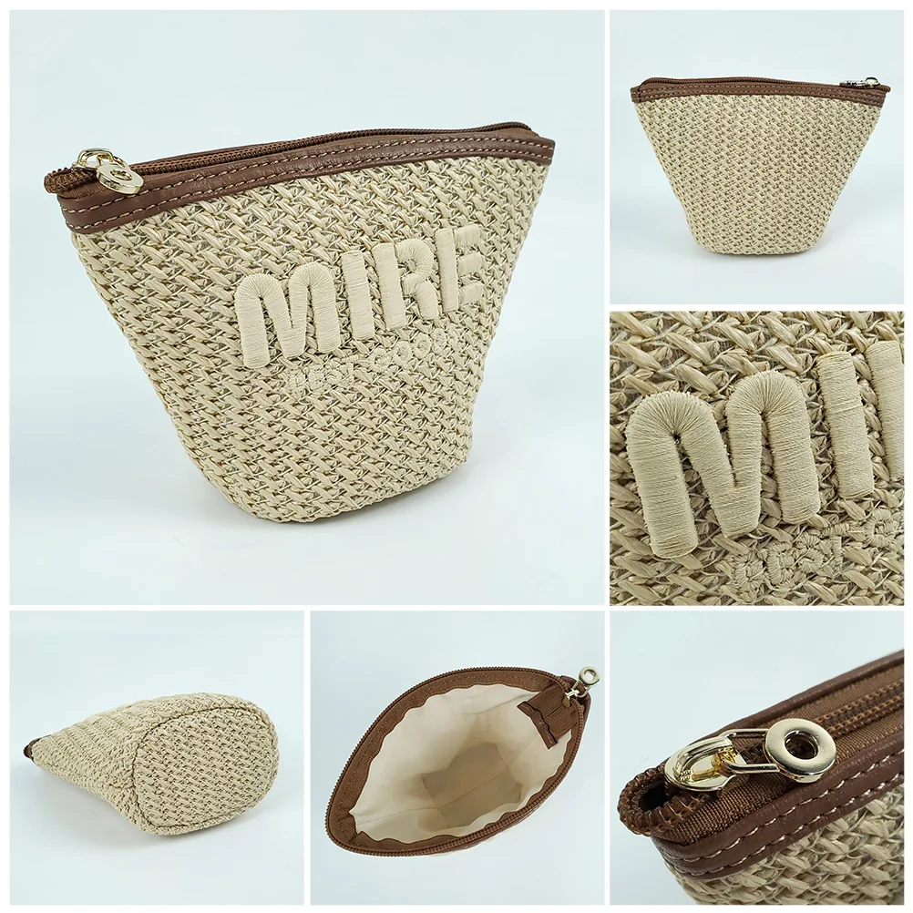 Cone shaped woven straw cosmetic pouch